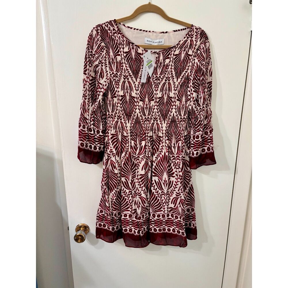 Emma & Michele NWT Womens Small Cream & Red ESS-Pleated Bell Sleeve Mini Dress